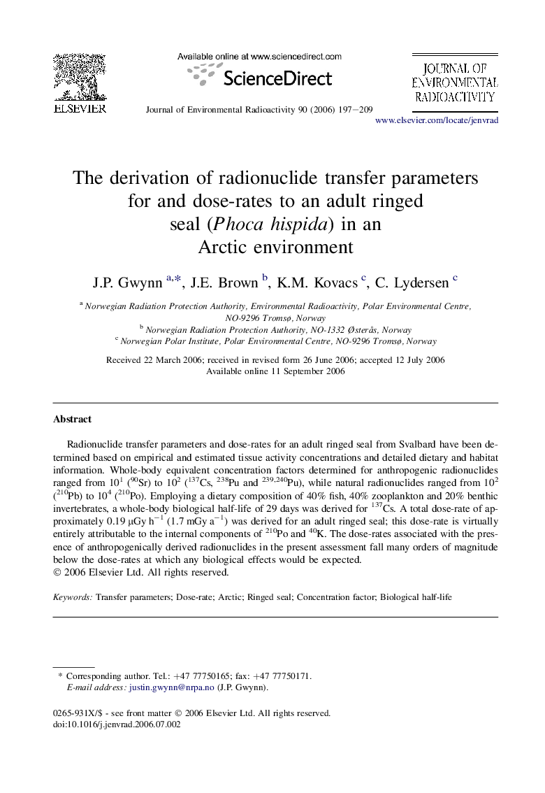 The derivation of radionuclide transfer parameters for and dose-rates to an adult ringed seal (Phoca hispida) in an Arctic environment