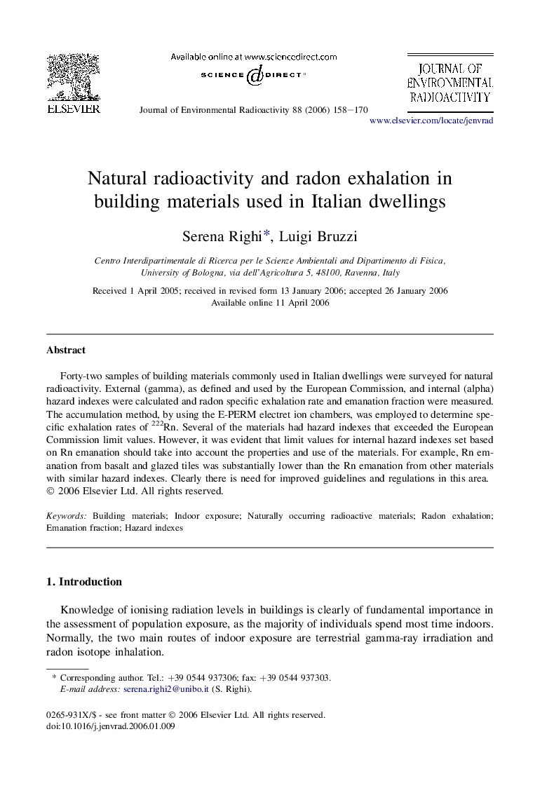 Natural radioactivity and radon exhalation in building materials used in Italian dwellings