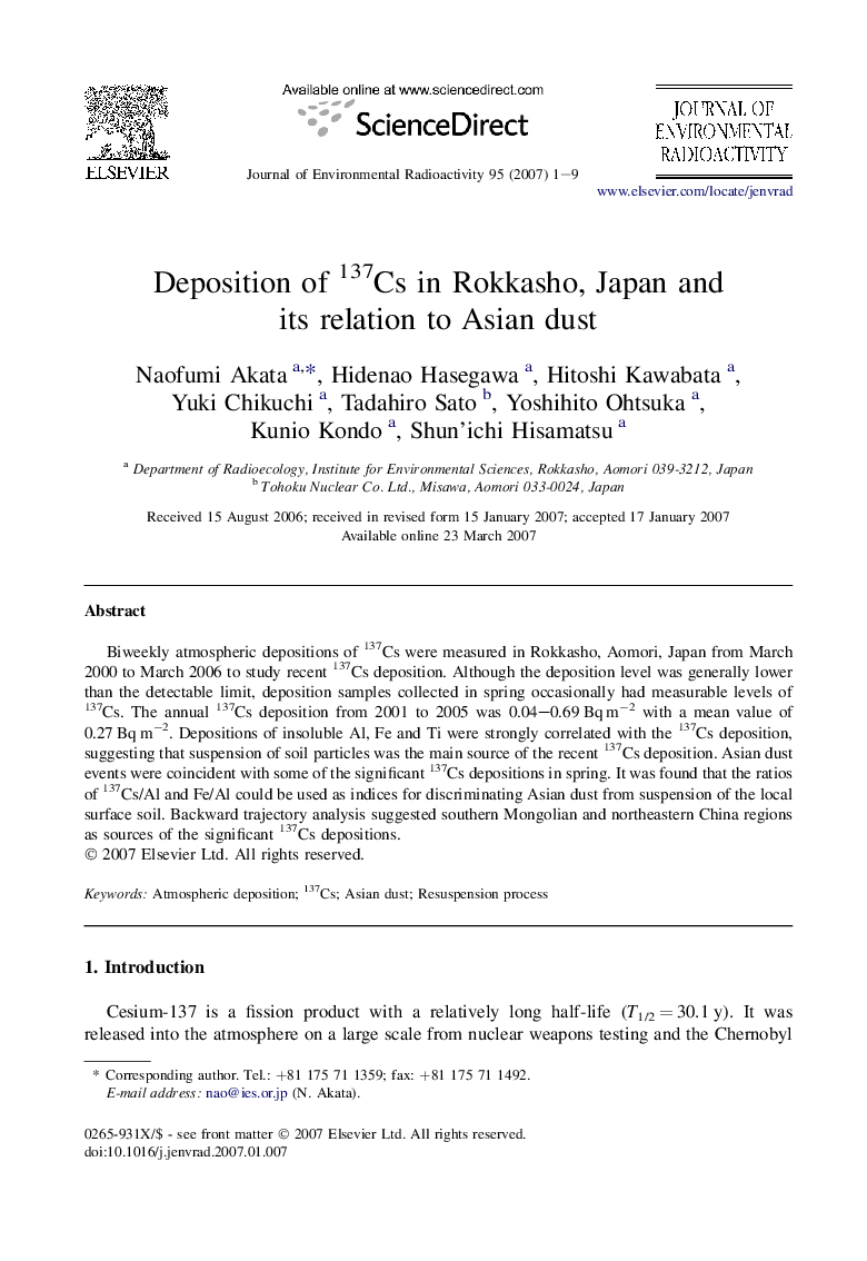 Deposition of 137Cs in Rokkasho, Japan and its relation to Asian dust
