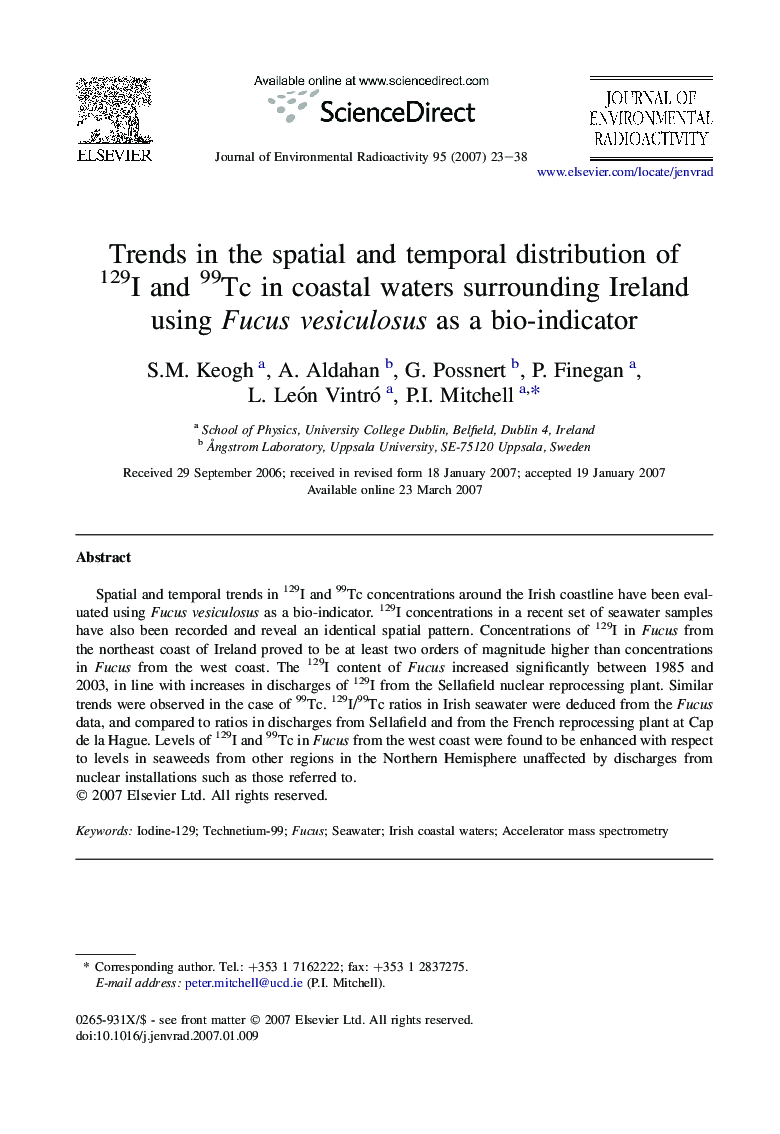Trends in the spatial and temporal distribution of 129I and 99Tc in coastal waters surrounding Ireland using Fucus vesiculosus as a bio-indicator