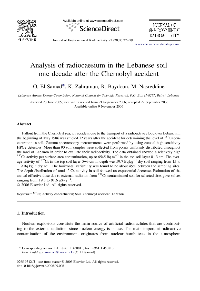 Analysis of radiocaesium in the Lebanese soil one decade after the Chernobyl accident