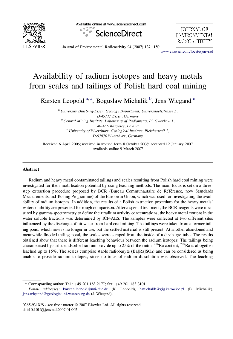 Availability of radium isotopes and heavy metals from scales and tailings of Polish hard coal mining