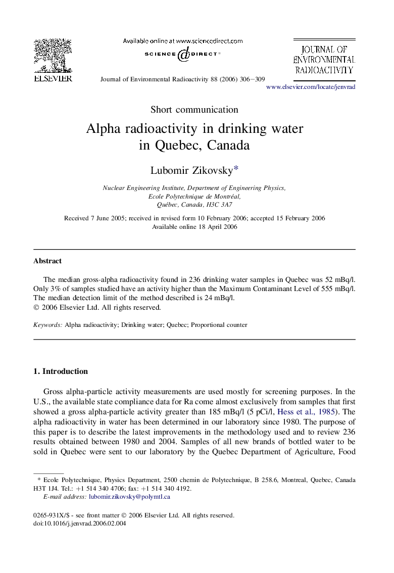 Alpha radioactivity in drinking water in Quebec, Canada