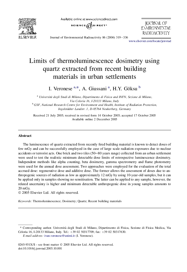 Limits of thermoluminescence dosimetry using quartz extracted from recent building materials in urban settlements