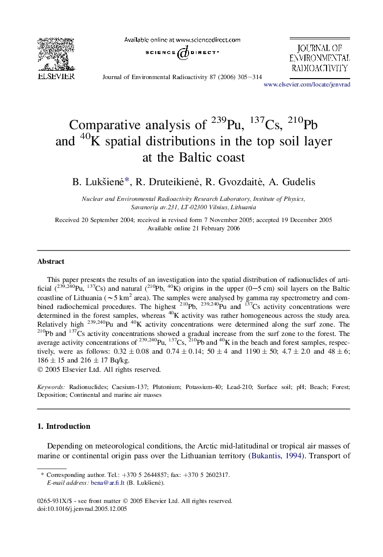 Comparative analysis of 239Pu, 137Cs, 210Pb and 40K spatial distributions in the top soil layer at the Baltic coast