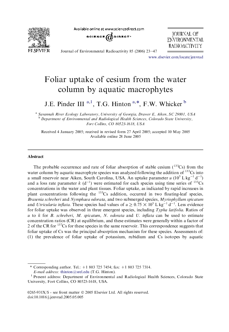 Foliar uptake of cesium from the water column by aquatic macrophytes