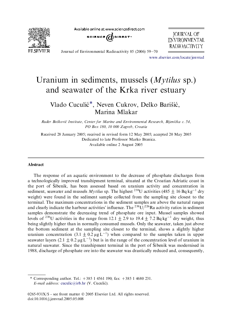 Uranium in sediments, mussels (Mytilus sp.) and seawater of the Krka river estuary