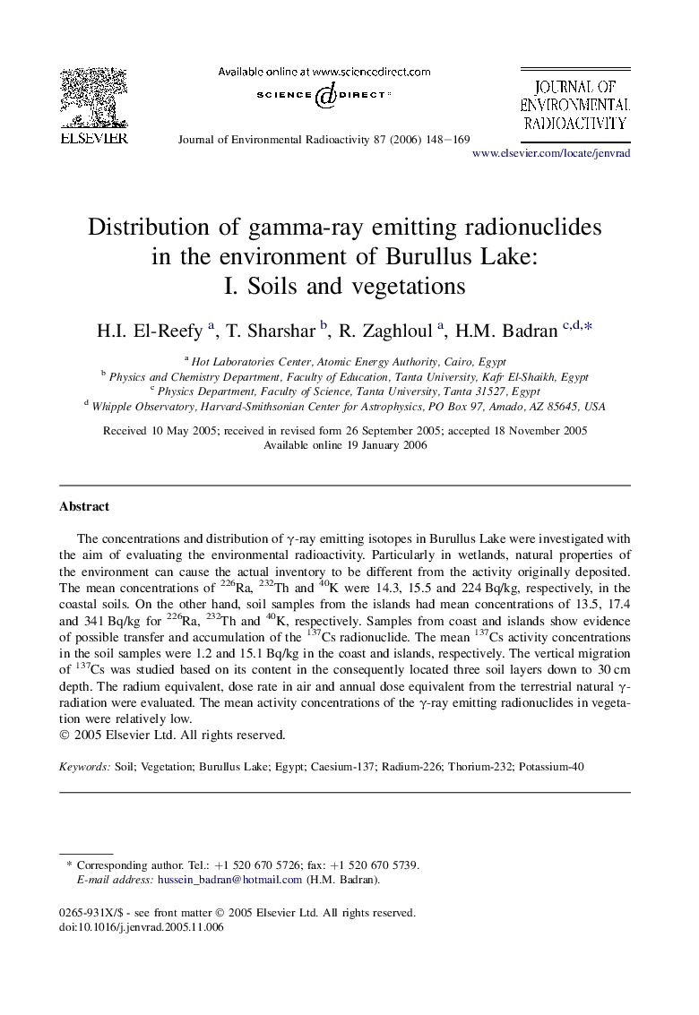 Distribution of gamma-ray emitting radionuclides in the environment of Burullus Lake: I. Soils and vegetations