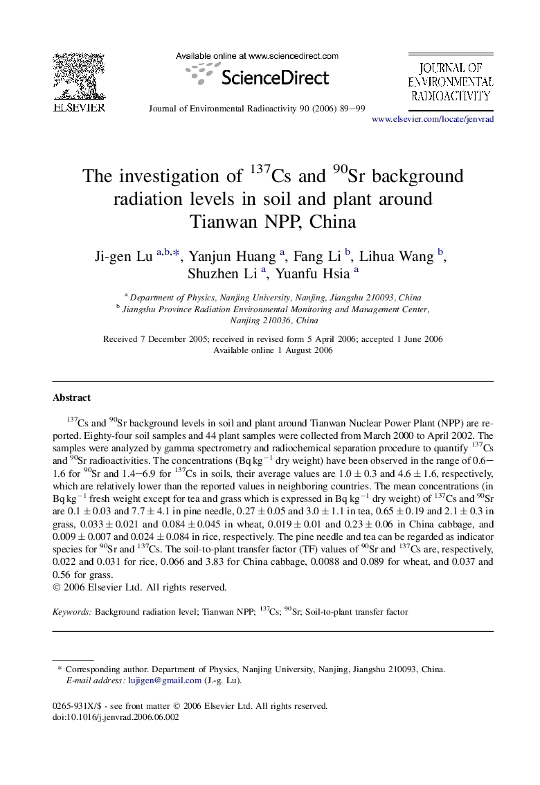 The investigation of 137Cs and 90Sr background radiation levels in soil and plant around Tianwan NPP, China