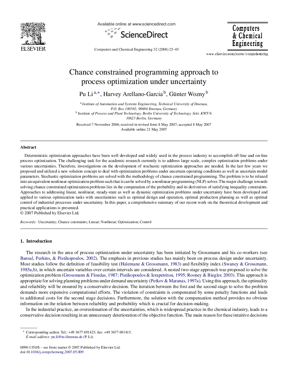 Chance constrained programming approach to process optimization under uncertainty