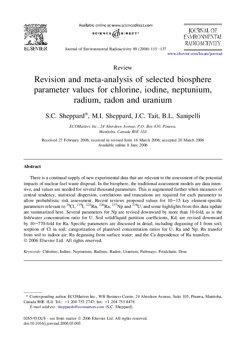 Revision and meta-analysis of selected biosphere parameter values for chlorine, iodine, neptunium, radium, radon and uranium