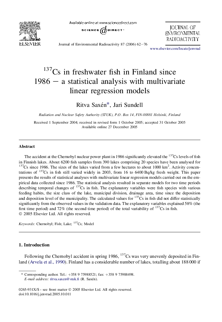 137Cs in freshwater fish in Finland since 1986 – a statistical analysis with multivariate linear regression models