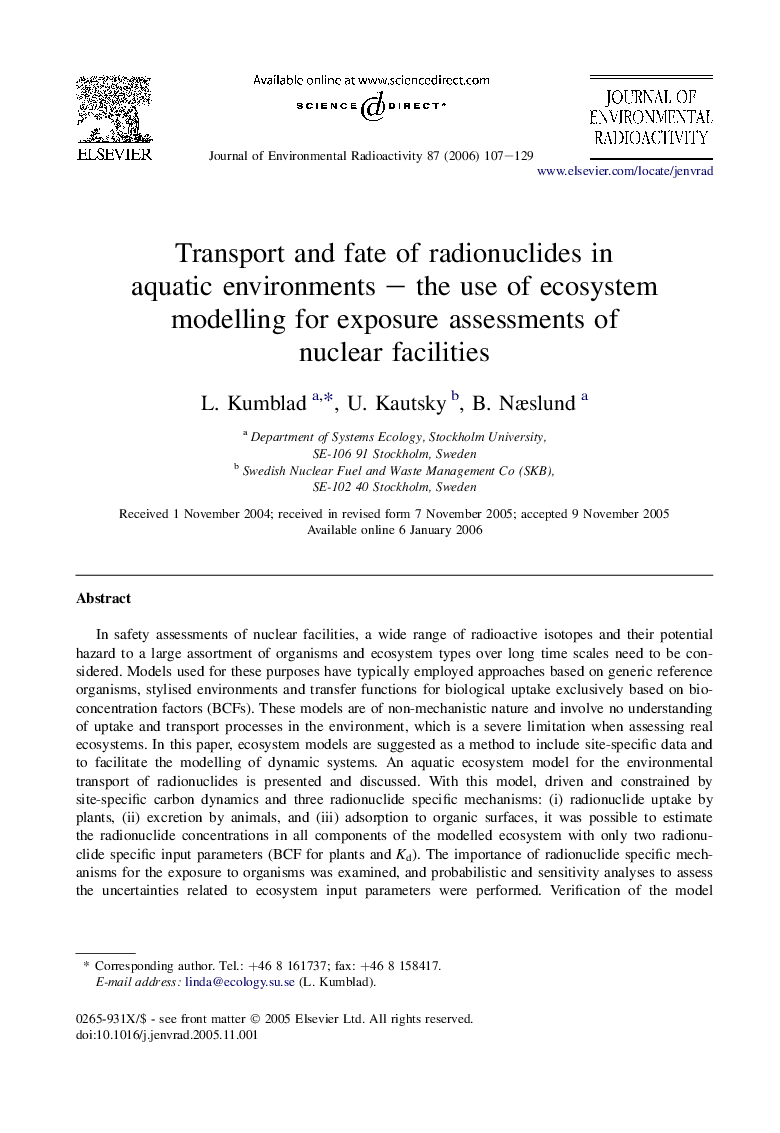 Transport and fate of radionuclides in aquatic environments – the use of ecosystem modelling for exposure assessments of nuclear facilities