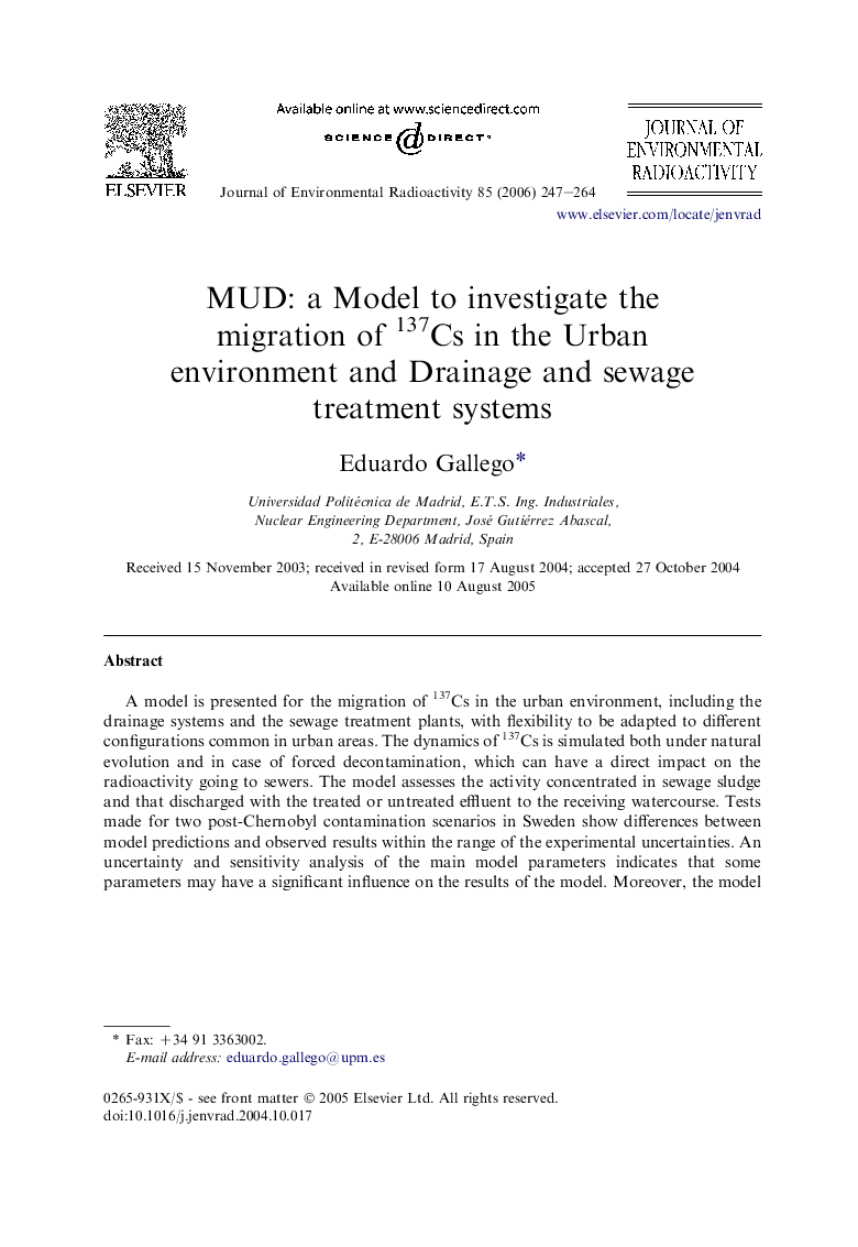 MUD: a Model to investigate the migration of 137Cs in the Urban environment and Drainage and sewage treatment systems