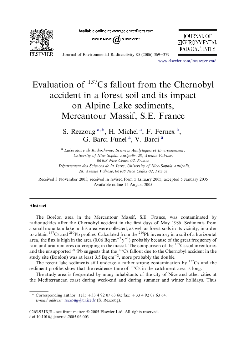 Evaluation of 137Cs fallout from the Chernobyl accident in a forest soil and its impact on Alpine Lake sediments, Mercantour Massif, S.E. France