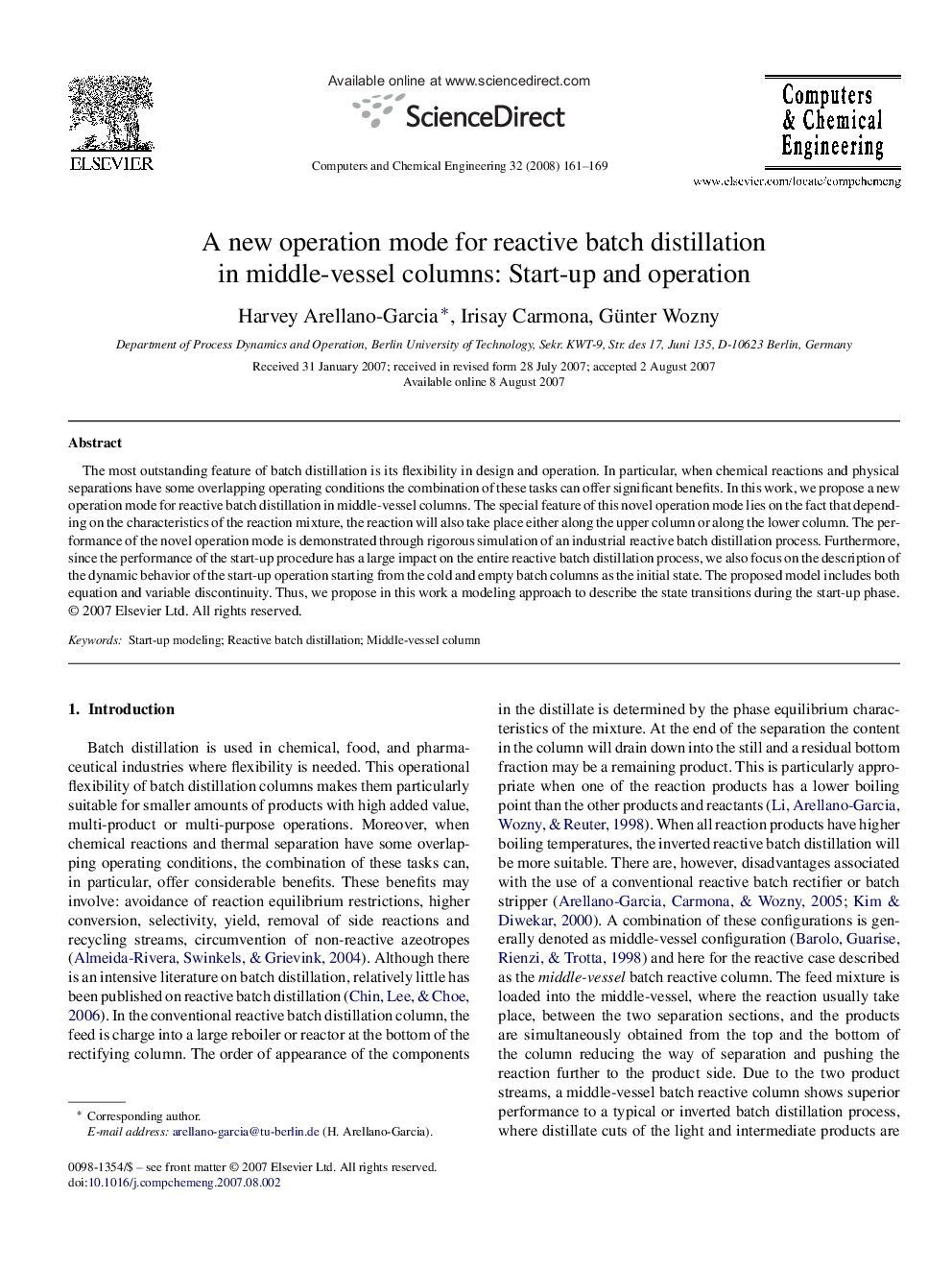 A new operation mode for reactive batch distillation in middle-vessel columns: Start-up and operation