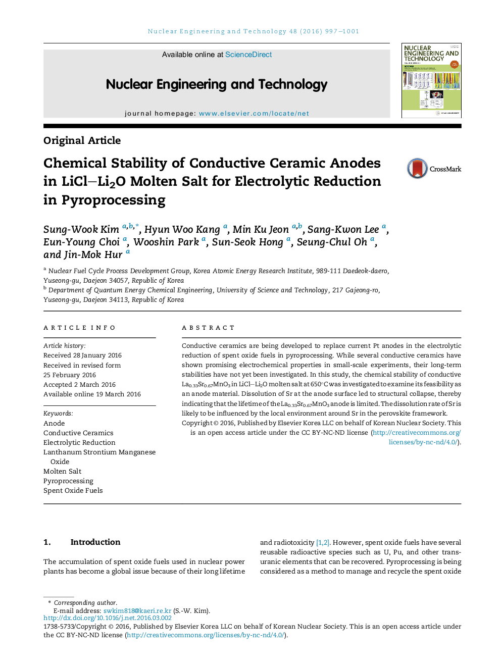 Chemical Stability of Conductive Ceramic Anodes in LiCl–Li2O Molten Salt for Electrolytic Reduction in Pyroprocessing