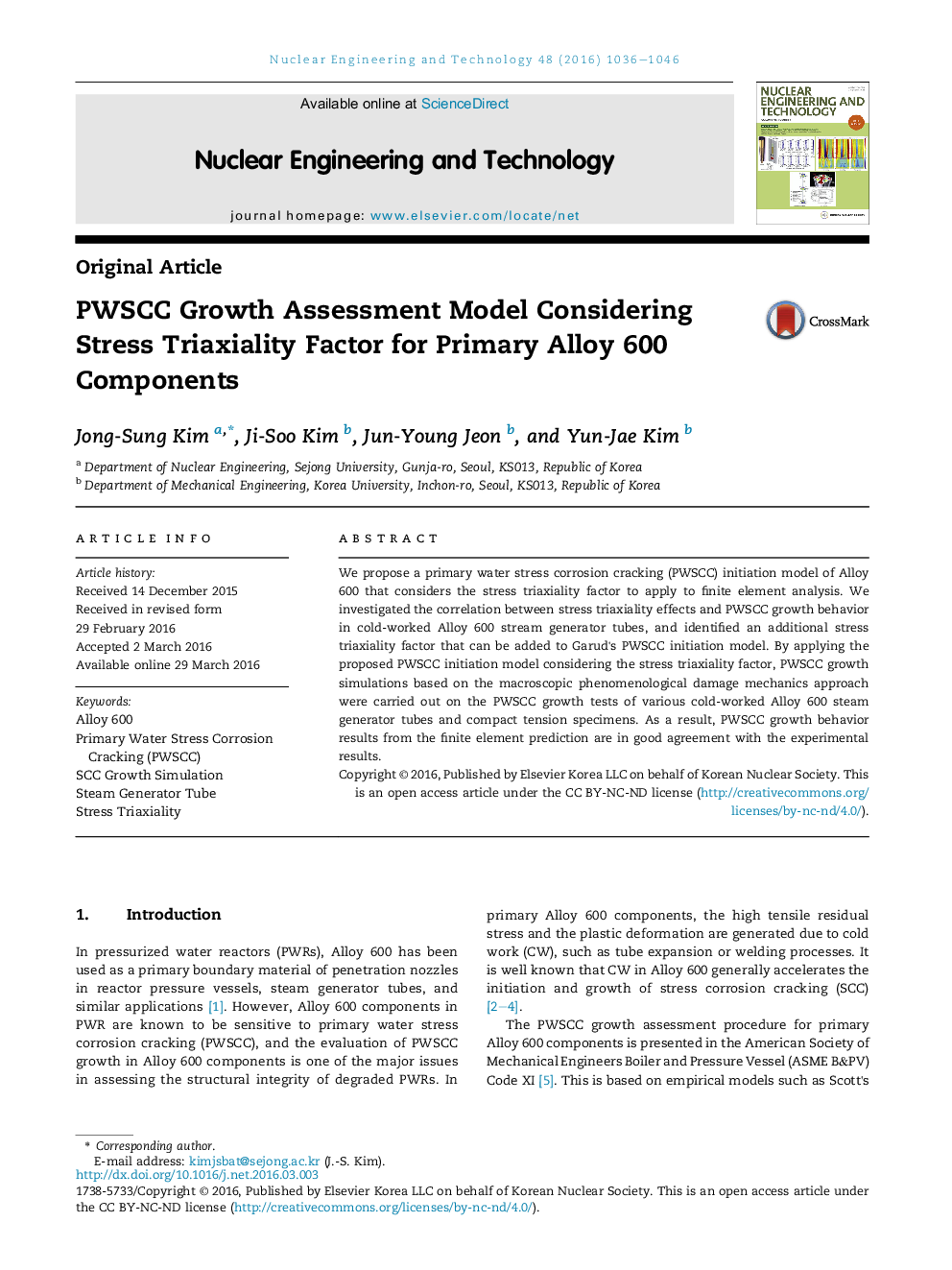 PWSCC Growth Assessment Model Considering Stress Triaxiality Factor for Primary Alloy 600 Components