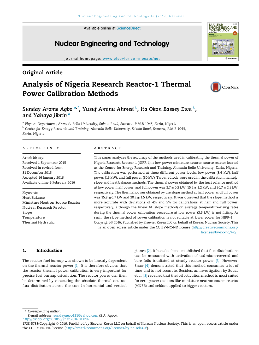 Analysis of Nigeria Research Reactor-1 Thermal Power Calibration Methods