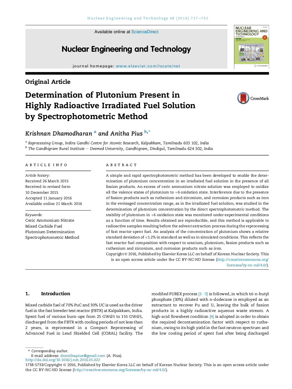 Determination of Plutonium Present in Highly Radioactive Irradiated Fuel Solution by Spectrophotometric Method