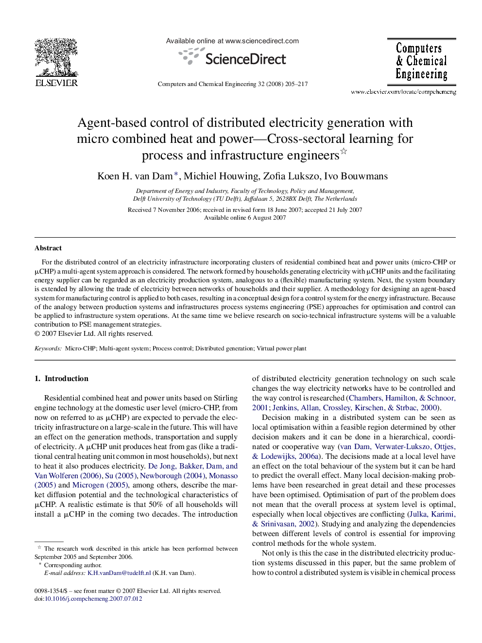 Agent-based control of distributed electricity generation with micro combined heat and power—Cross-sectoral learning for process and infrastructure engineers 