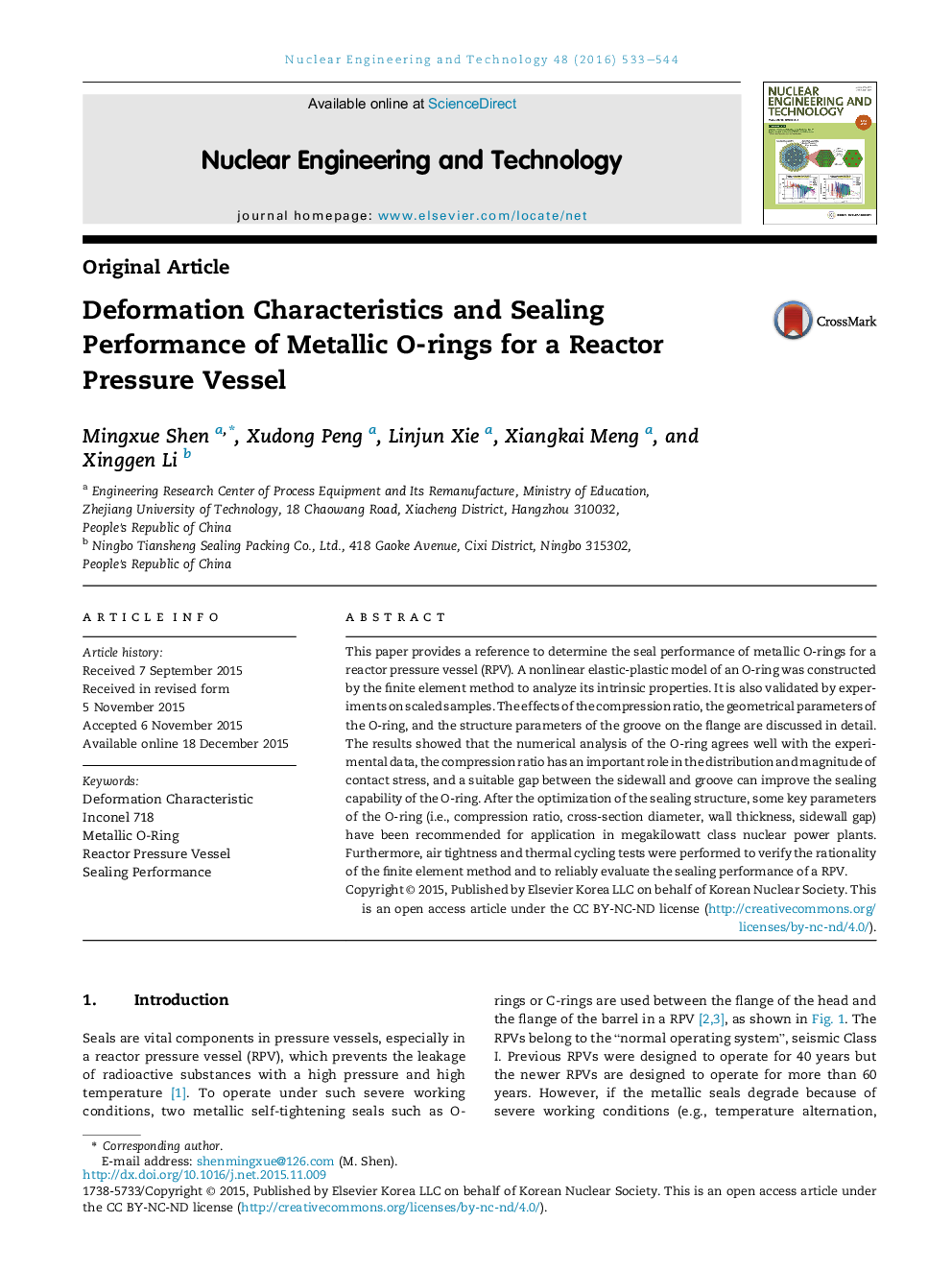 Deformation Characteristics and Sealing Performance of Metallic O-rings for a Reactor Pressure Vessel