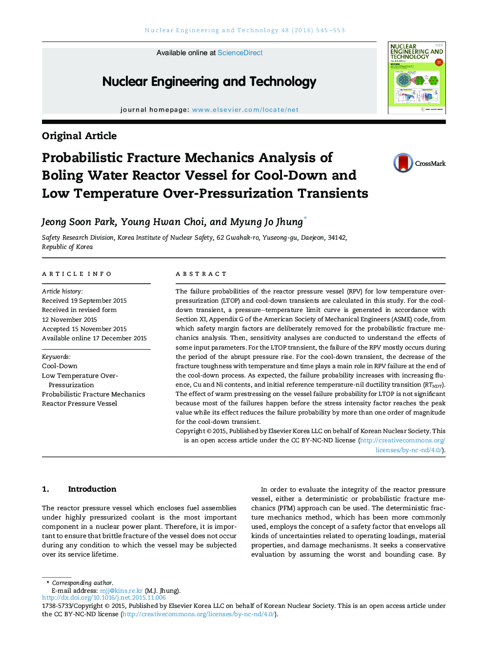 Probabilistic Fracture Mechanics Analysis of Boling Water Reactor Vessel for Cool-Down and Low Temperature Over-Pressurization Transients