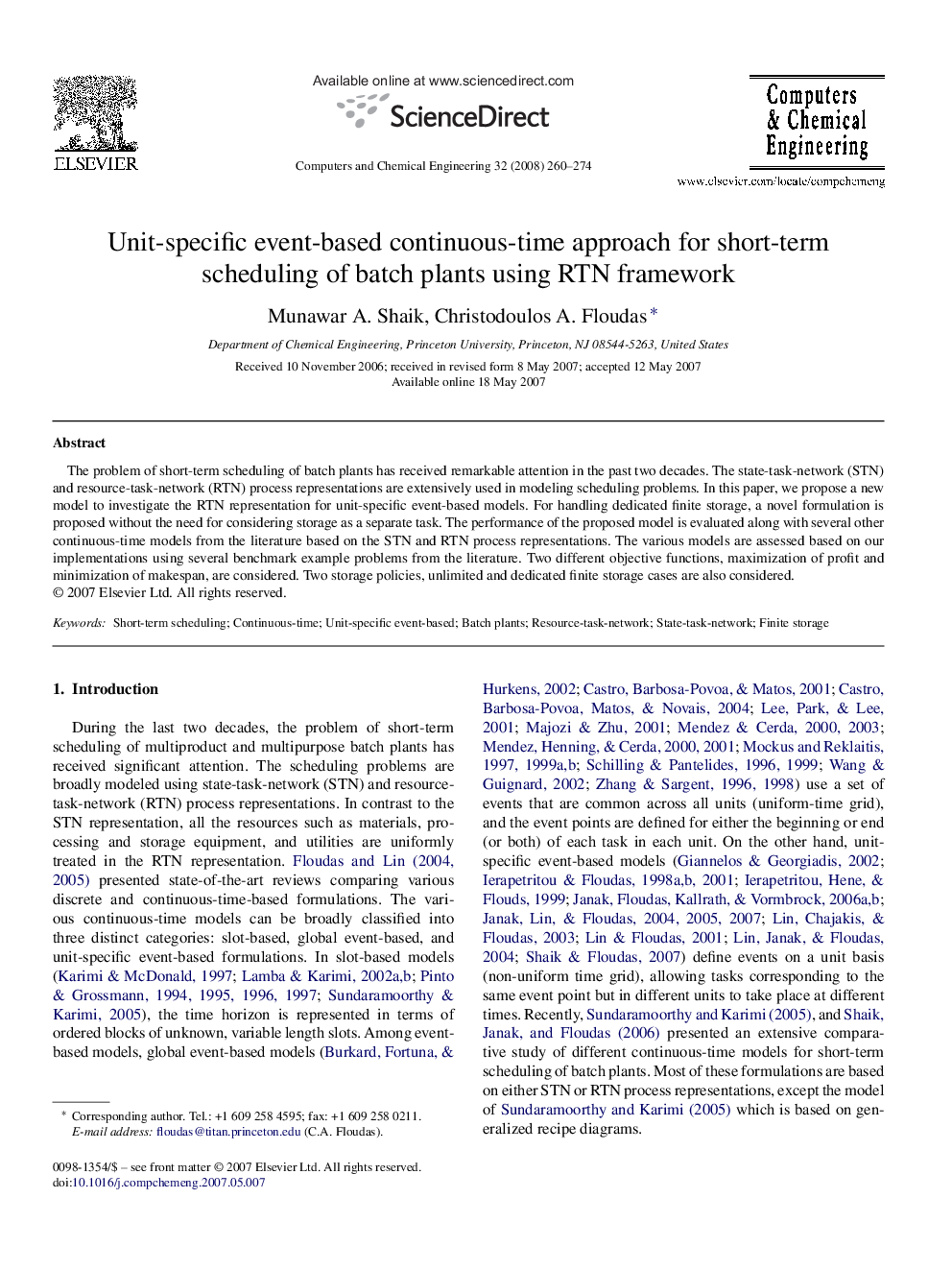 Unit-specific event-based continuous-time approach for short-term scheduling of batch plants using RTN framework