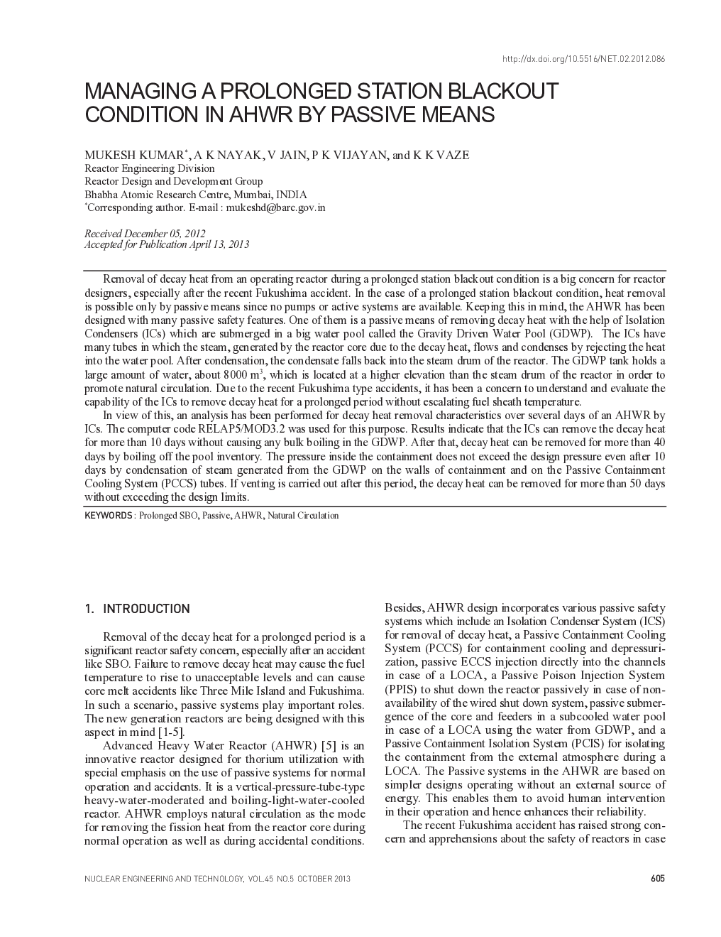 MANAGING A PROLONGED STATION BLACKOUT CONDITION IN AHWR BY PASSIVE MEANS