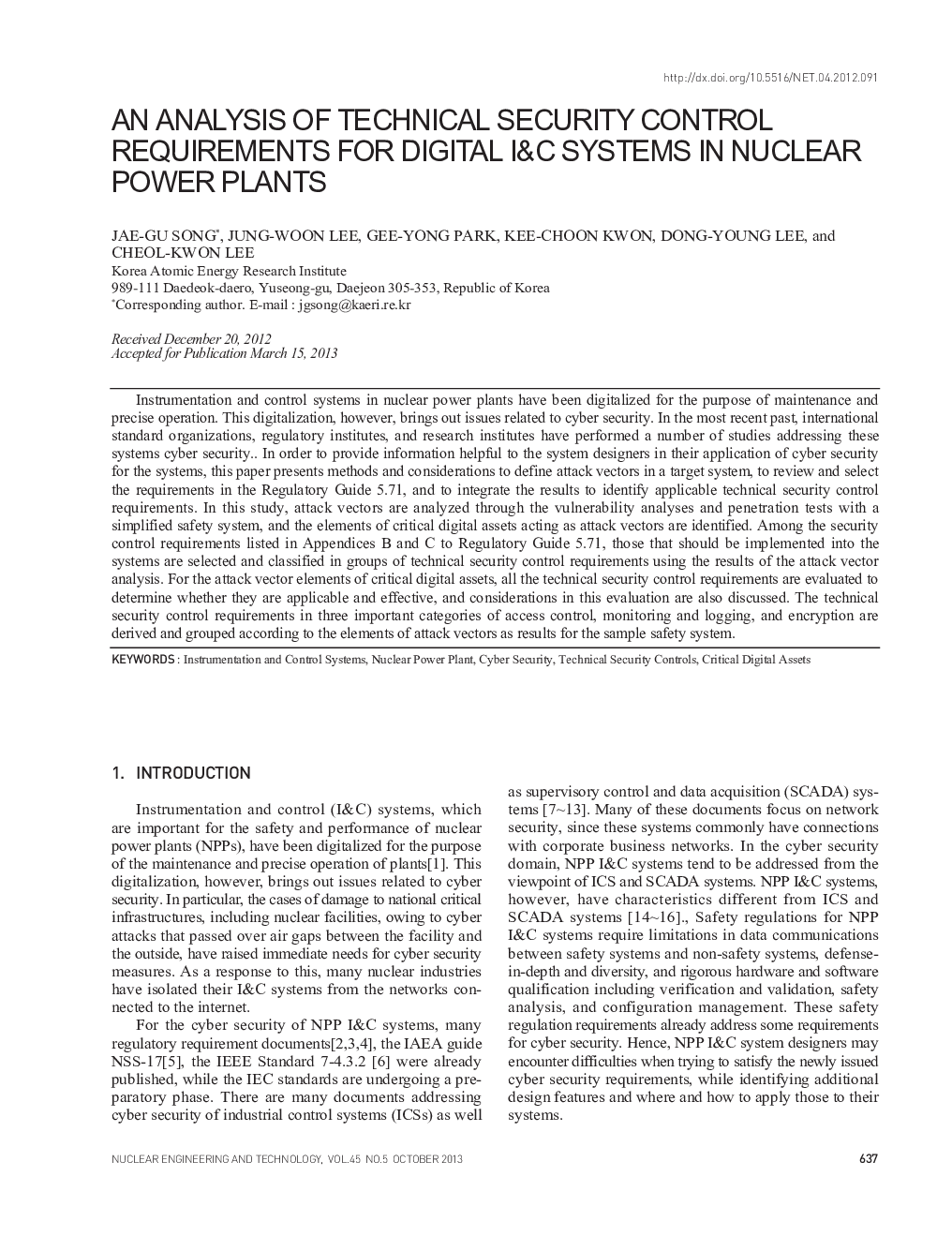 AN ANALYSIS OF TECHNICAL SECURITY CONTROL REQUIREMENTS FOR DIGITAL I&C SYSTEMS IN NUCLEAR POWER PLANTS