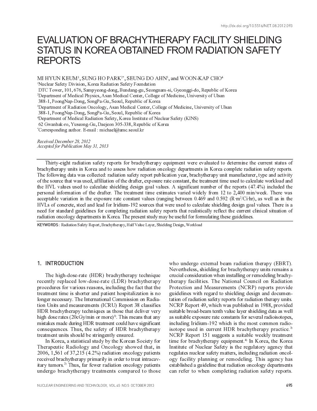 EVALUATION OF BRACHYTHERAPY FACILITY SHIELDING STATUS IN KOREA OBTAINED FROM RADIATION SAFETY REPORTS