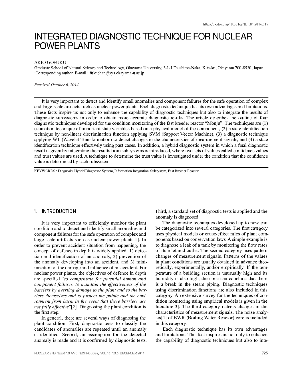 INTEGRATED DIAGNOSTIC TECHNIQUE FOR NUCLEAR POWER PLANTS