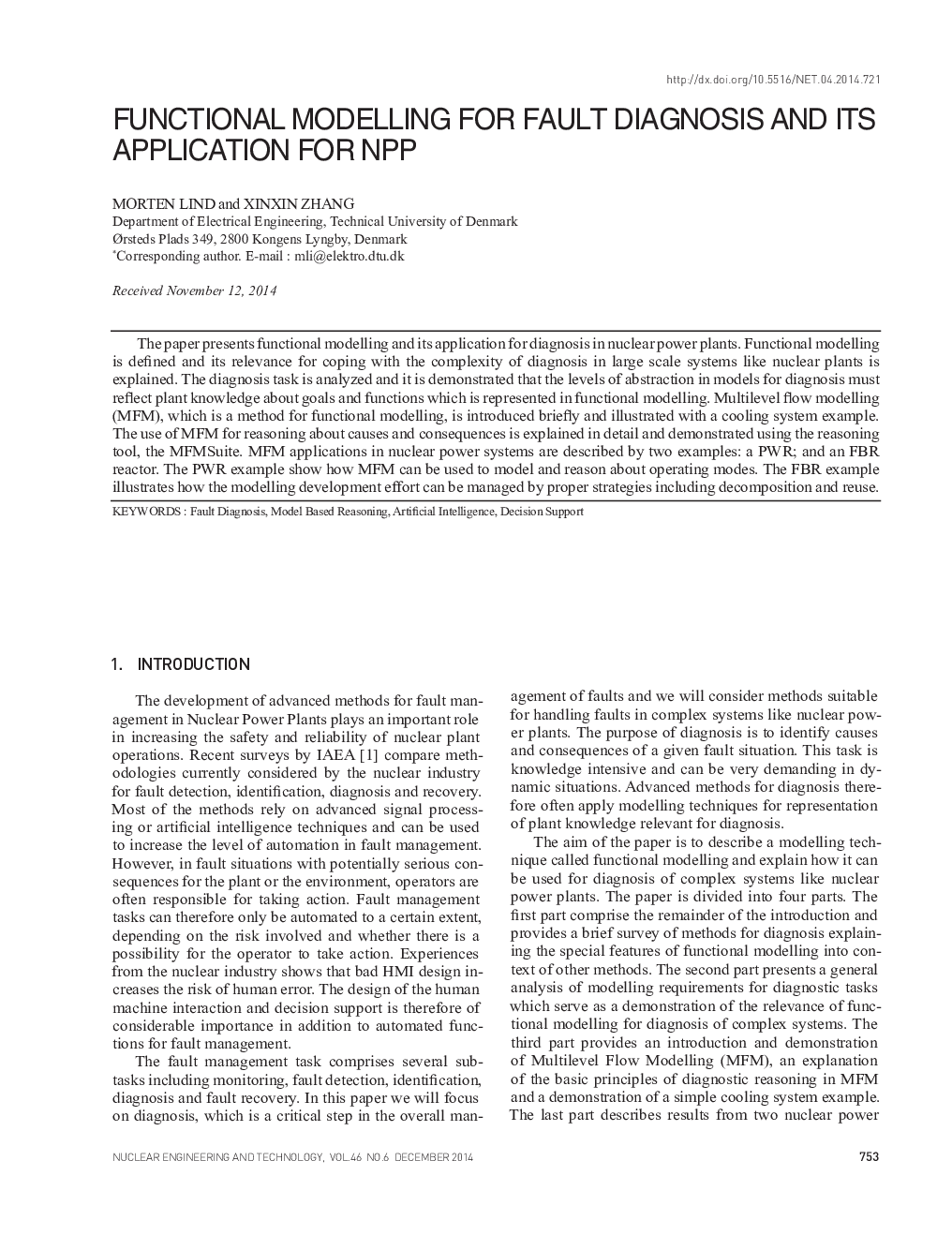 FUNCTIONAL MODELLING FOR FAULT DIAGNOSIS AND ITS APPLICATION FOR NPP