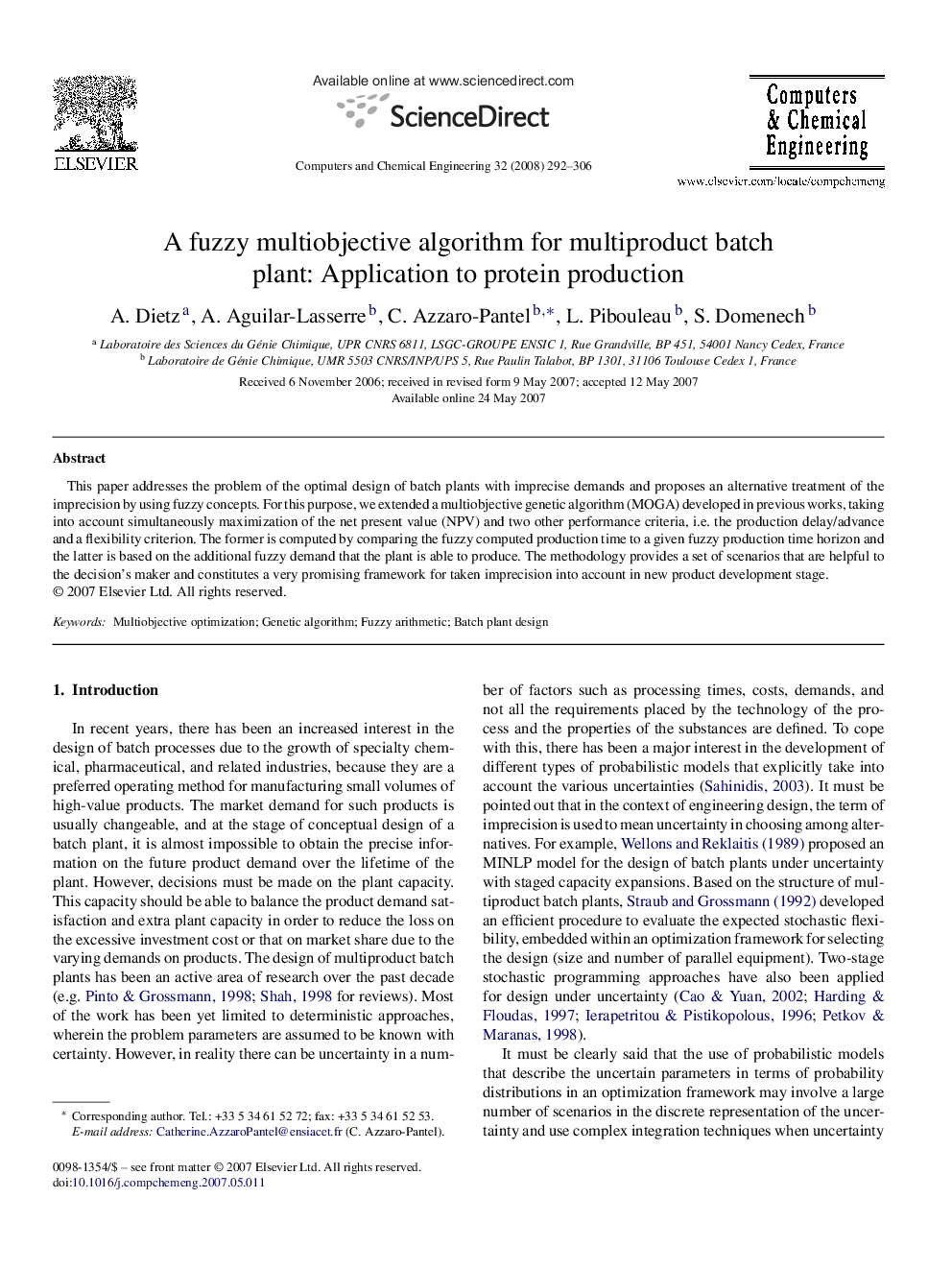 A fuzzy multiobjective algorithm for multiproduct batch plant: Application to protein production