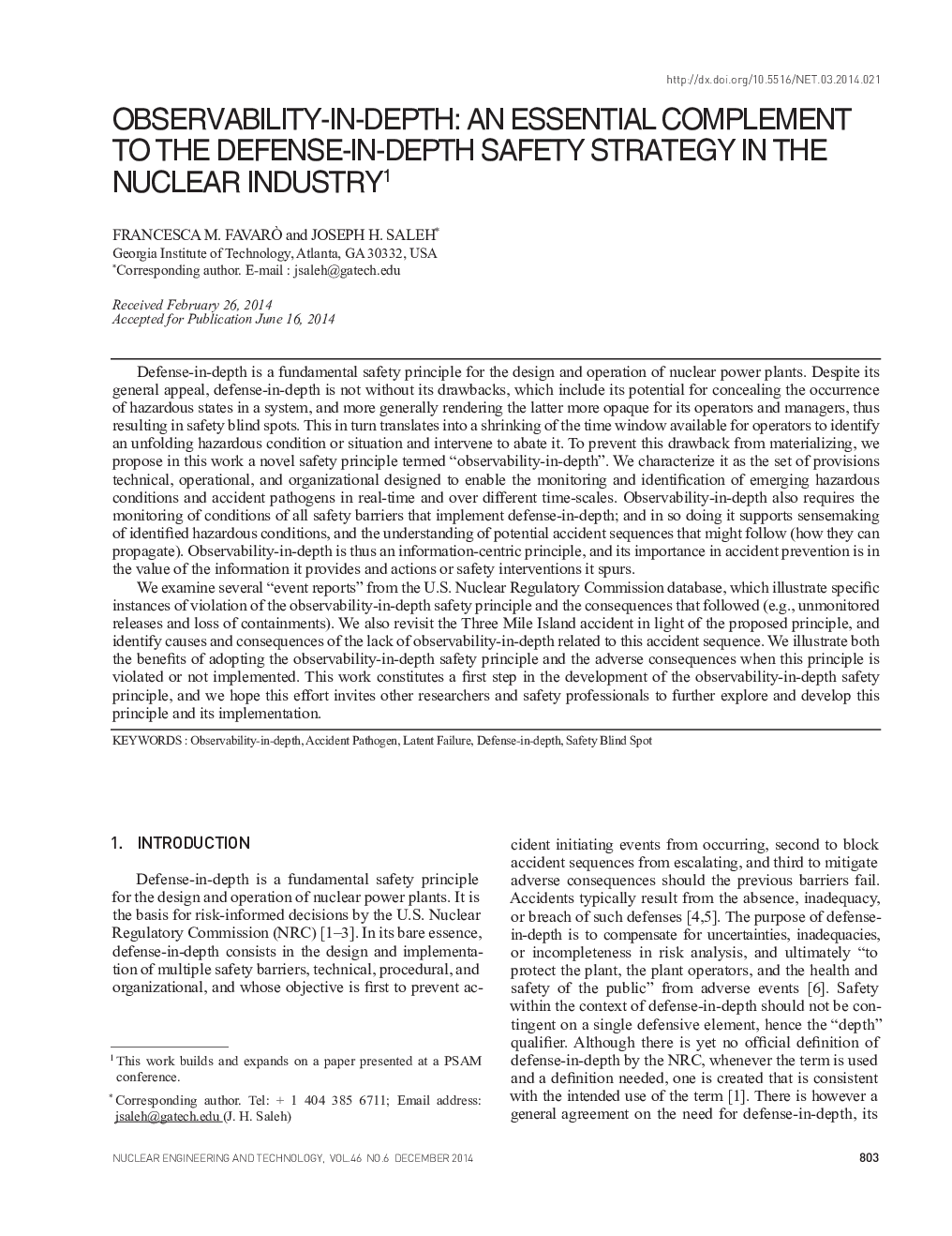 OBSERVABILITY-IN-DEPTH: AN ESSENTIAL COMPLEMENT TO THE DEFENSE-IN-DEPTH SAFETY STRATEGY IN THE NUCLEAR INDUSTRY1