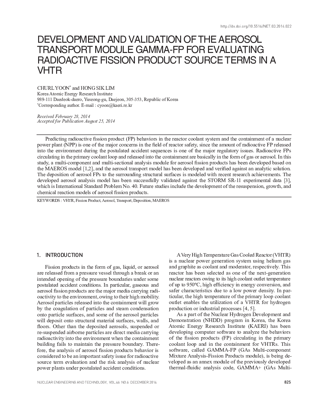 DEVELOPMENT AND VALIDATION OF THE AEROSOL TRANSPORT MODULE GAMMA-FP FOR EVALUATING RADIOACTIVE FISSION PRODUCT SOURCE TERMS IN A VHTR