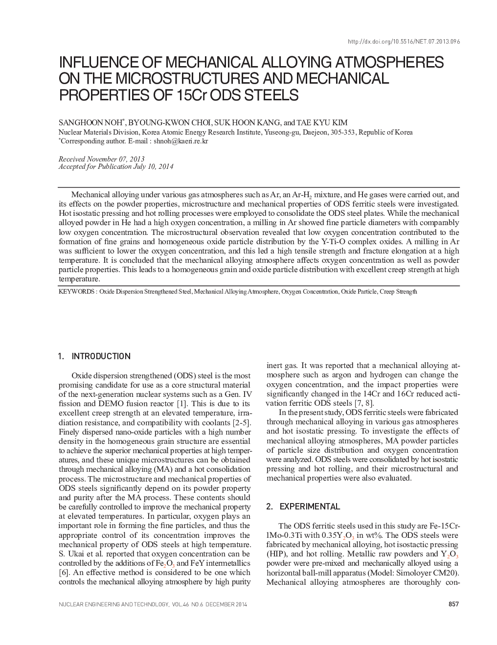 INFLUENCE OF MECHANICAL ALLOYING ATMOSPHERES ON THE MICROSTRUCTURES AND MECHANICAL PROPERTIES OF 15Cr ODS STEELS