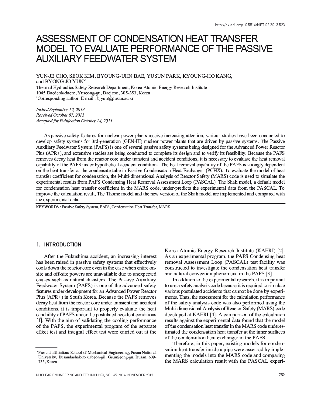 ASSESSMENT OF CONDENSATION HEAT TRANSFER MODEL TO EVALUATE PERFORMANCE OF THE PASSIVE AUXILIARY FEEDWATER SYSTEM