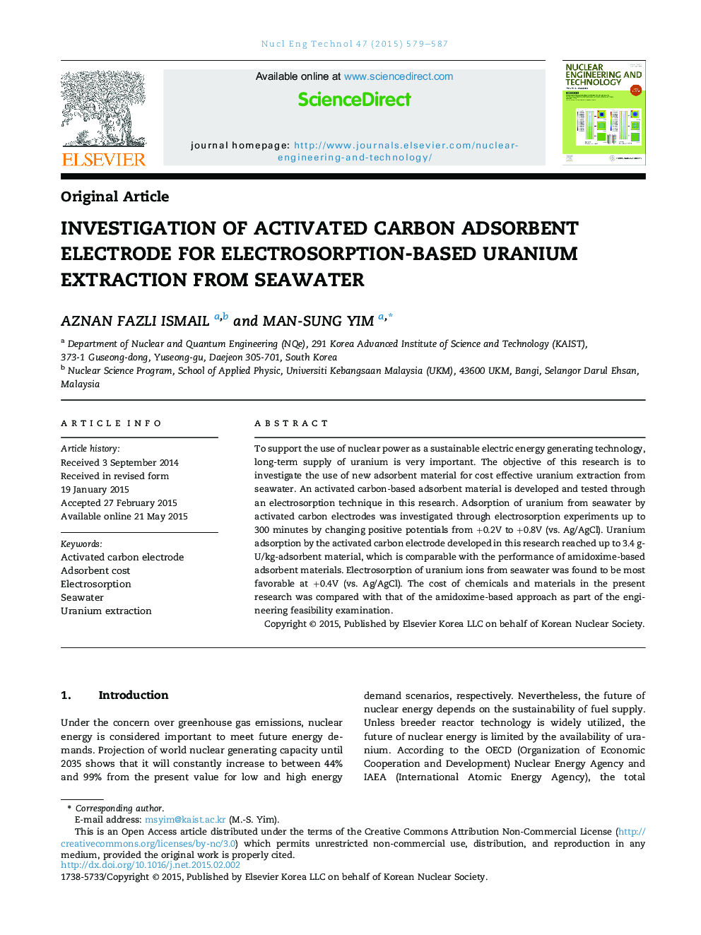 Investigation of activated carbon adsorbent electrode for electrosorption-based uranium extraction from seawater 