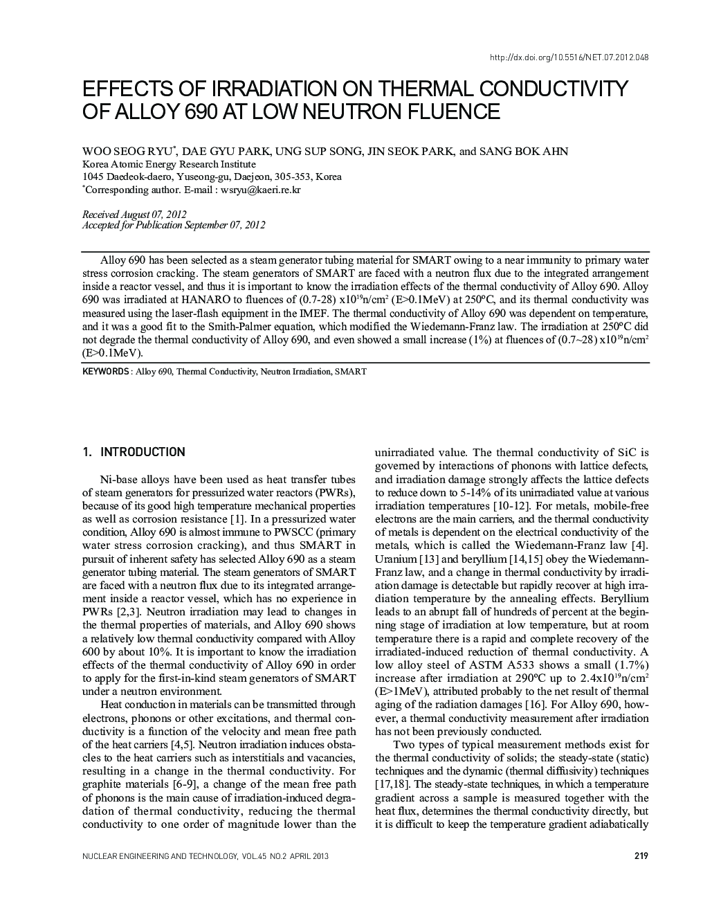 EFFECTS OF IRRADIATION ON THERMAL CONDUCTIVITY OF ALLOY 690 AT LOW NEUTRON FLUENCE