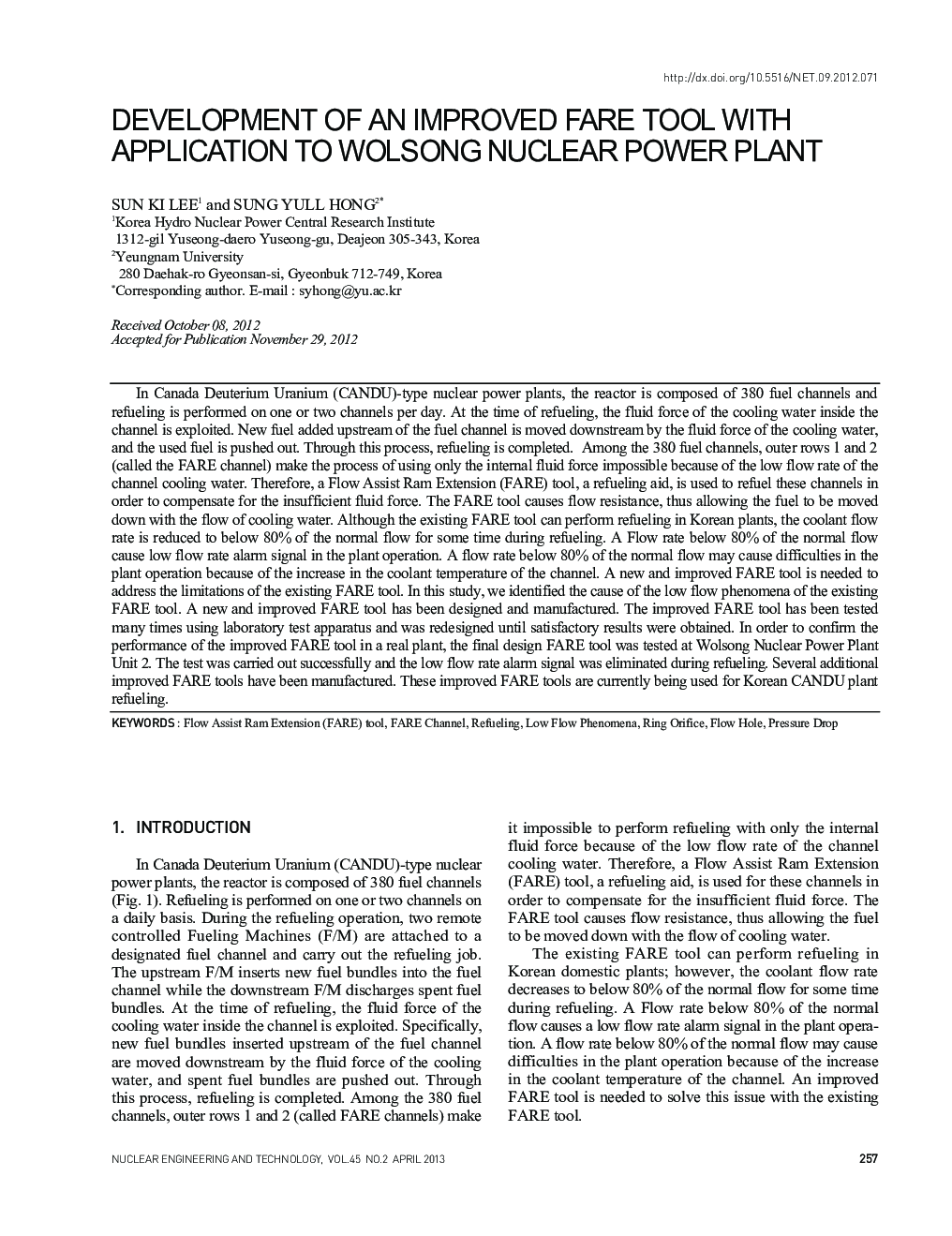 DEVELOPMENT OF AN IMPROVED FARE TOOL WITH APPLICATION TO WOLSONG NUCLEAR POWER PLANT