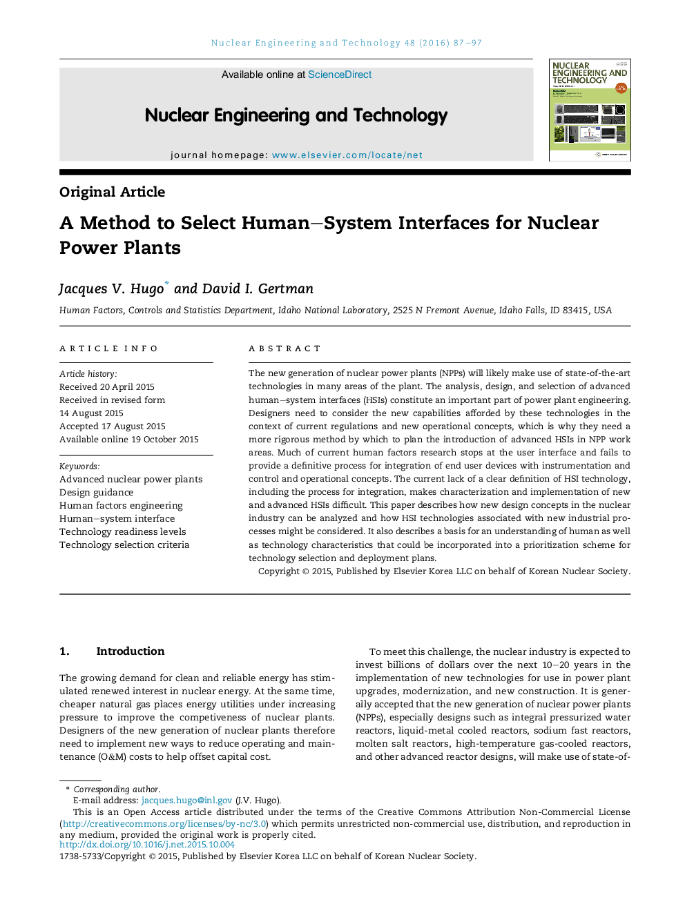 A Method to Select Human–System Interfaces for Nuclear Power Plants 