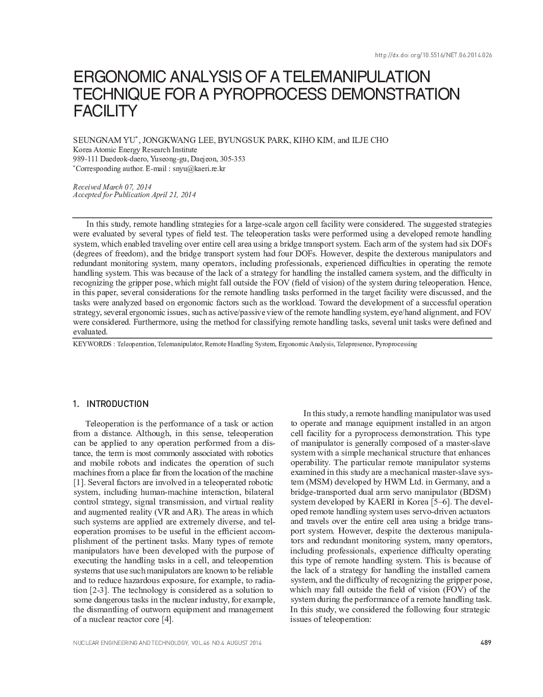 ERGONOMIC ANALYSIS OF A TELEMANIPULATION TECHNIQUE FOR A PYROPROCESS DEMONSTRATION FACILITY