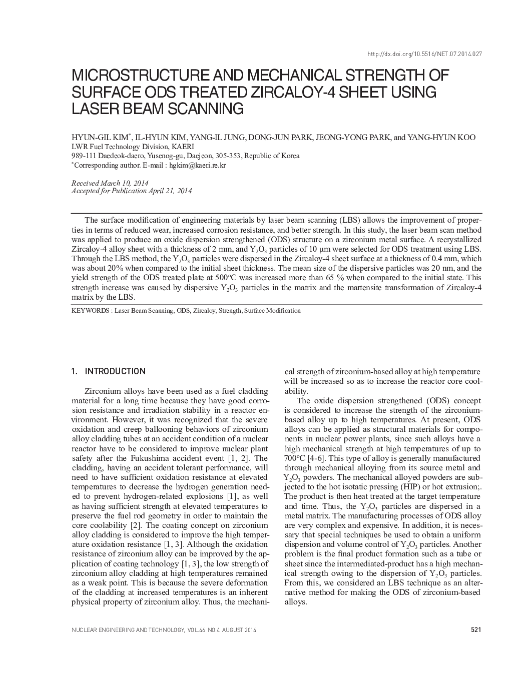 MICROSTRUCTURE AND MECHANICAL STRENGTH OF SURFACE ODS TREATED ZIRCALOY-4 SHEET USING LASER BEAM SCANNING