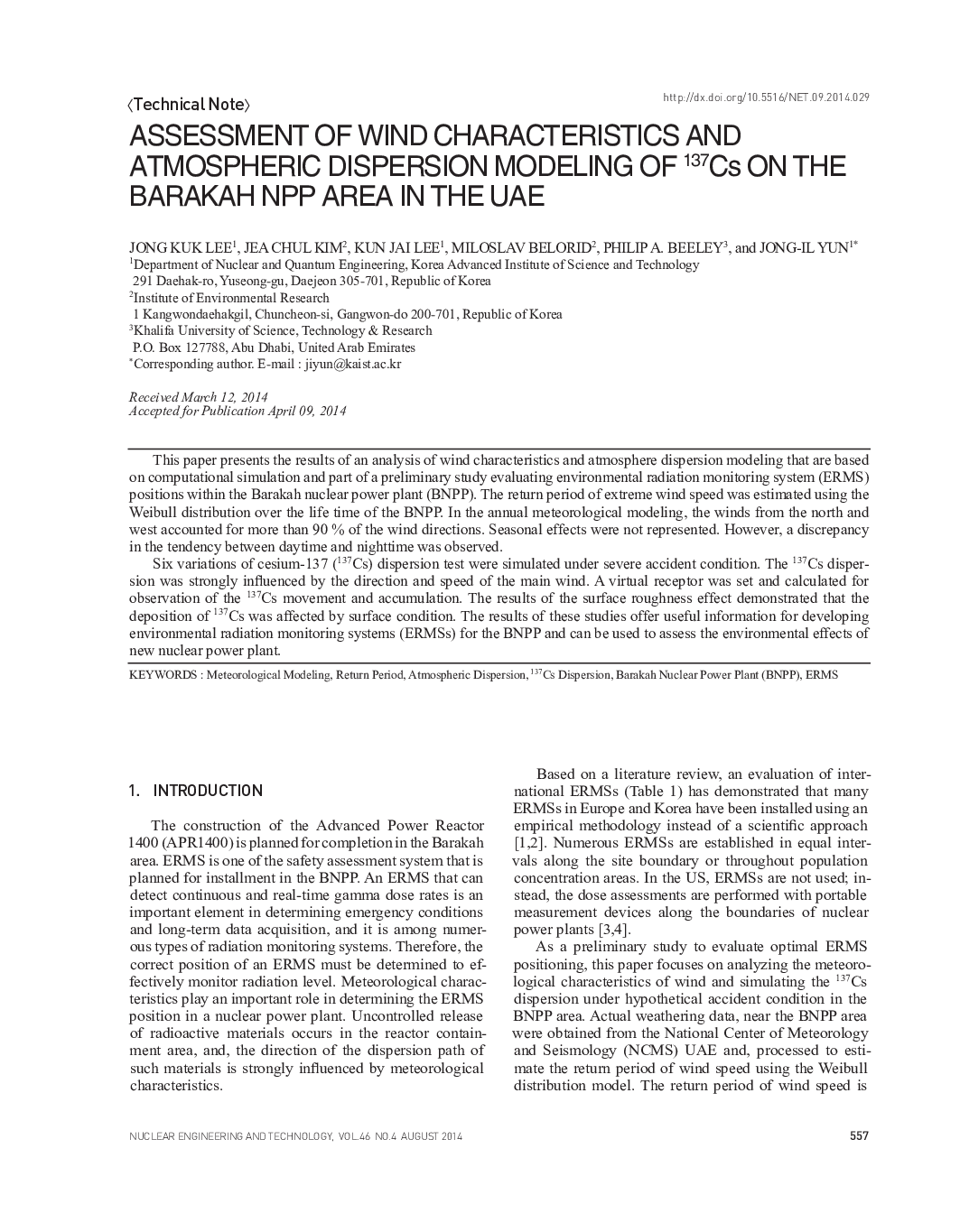 ASSESSMENT OF WIND CHARACTERISTICS AND ATMOSPHERIC DISPERSION MODELING OF 137Cs ON THE BARAKAH NPP AREA IN THE UAE