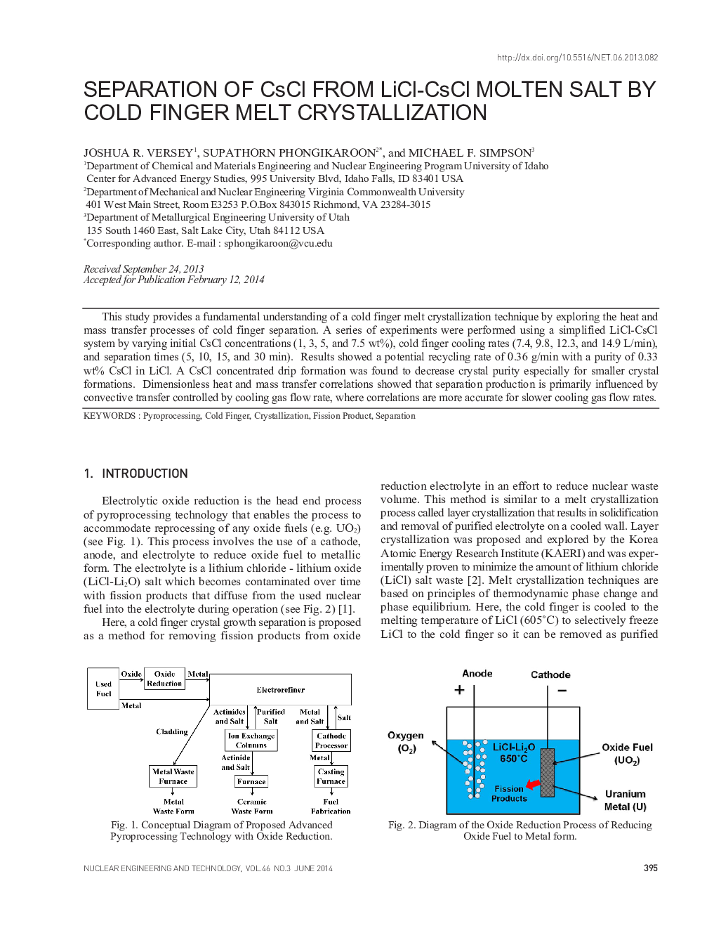 SEPARATION OF CsCl FROM LiCl-CsCl MOLTEN SALT BY COLD FINGER MELT CRYSTALLIZATION