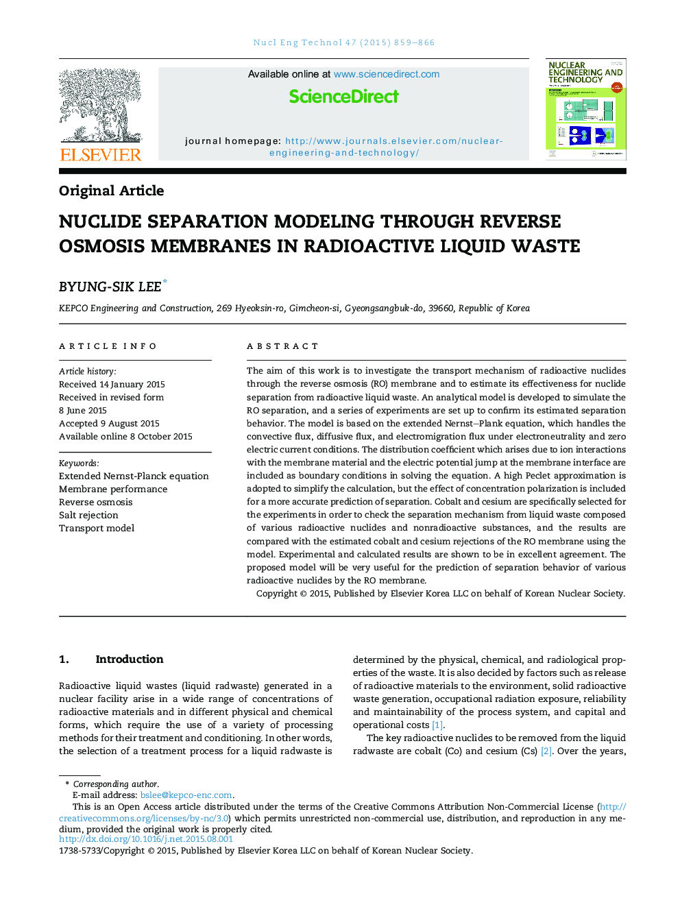 Nuclide separation modeling through reverse osmosis membranes in radioactive liquid waste 