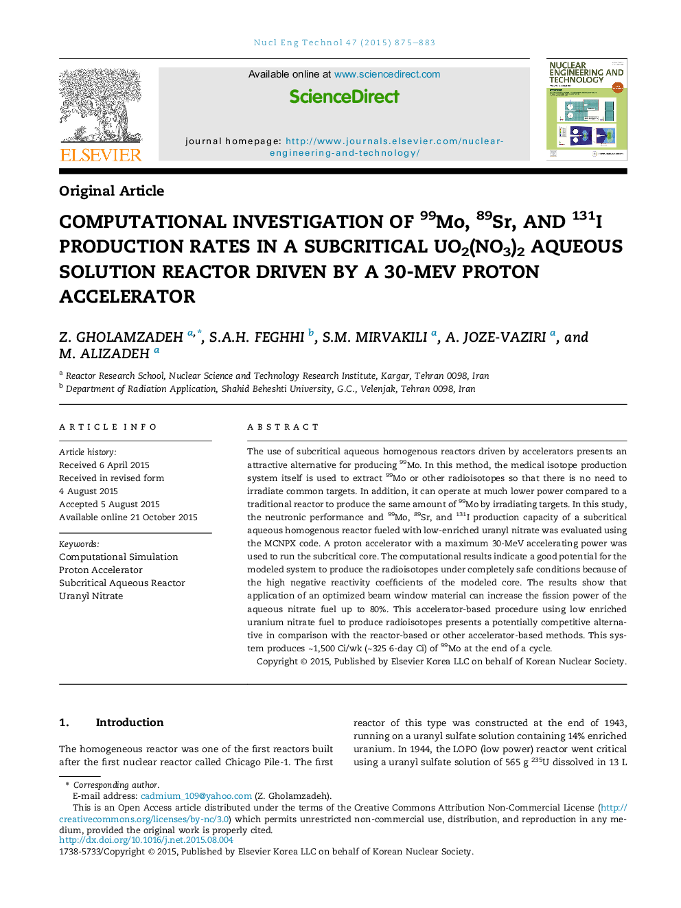 Computational investigation of 99Mo, 89Sr, and 131I production rates in a subcritical UO2(NO3)2 aqueous solution reactor driven by a 30-MeV proton accelerator 