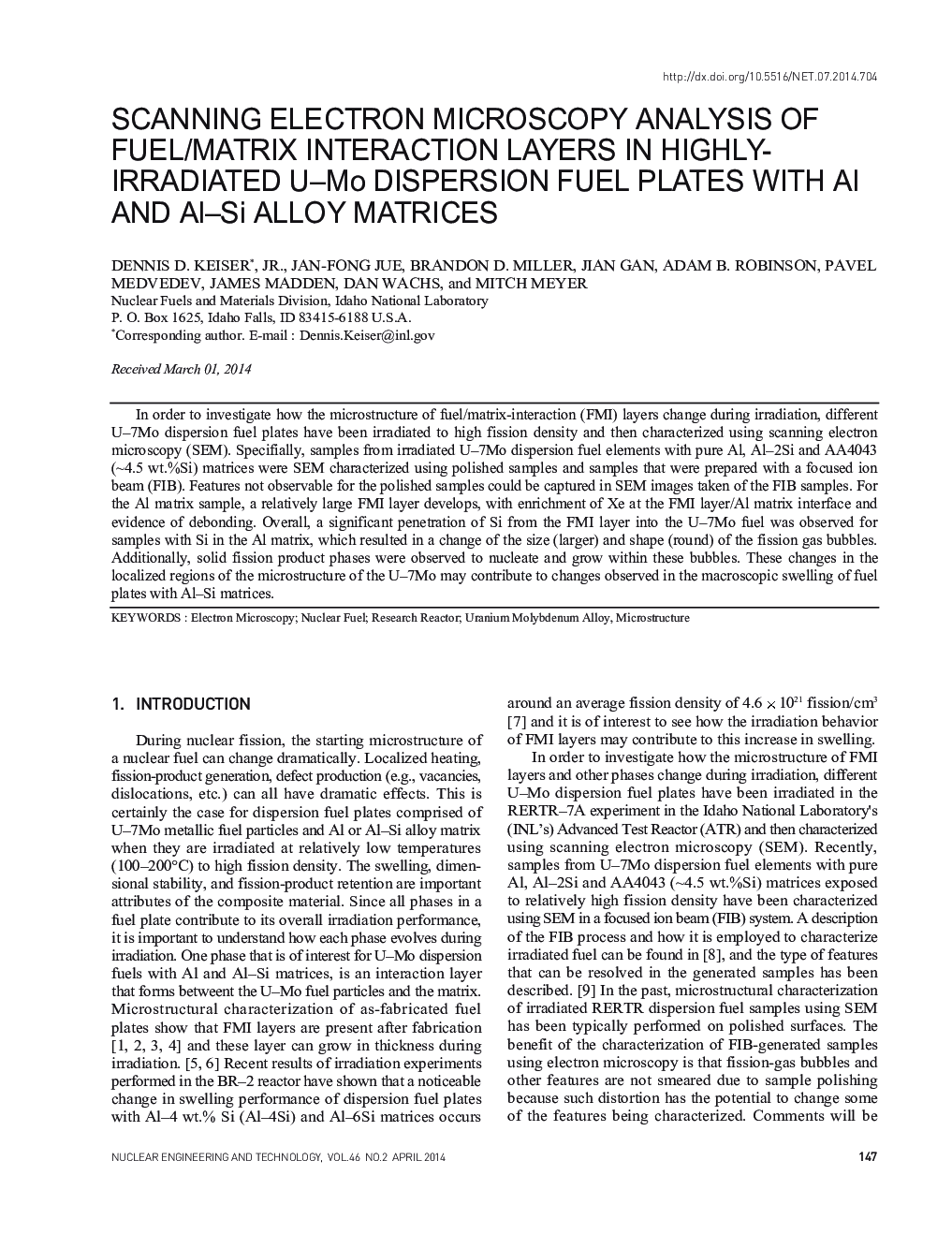 SCANNING ELECTRON MICROSCOPY ANALYSIS OF FUEL/MATRIX INTERACTION LAYERS IN HIGHLY-IRRADIATED U-Mo DISPERSION FUEL PLATES WITH Al AND Al–Si ALLOY MATRICES