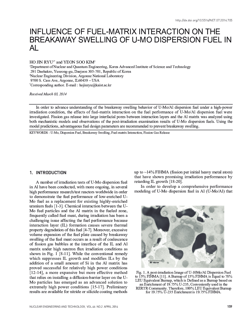 INFLUENCE OF FUEL-MATRIX INTERACTION ON THE BREAKAWAY SWELLING OF U-MO DISPERSION FUEL IN AL